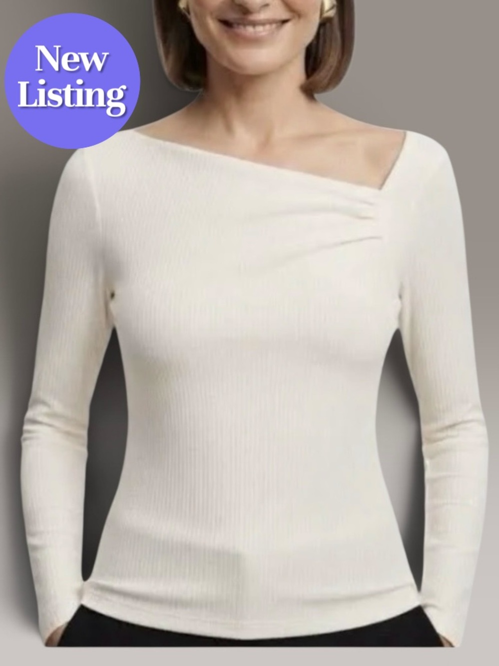 🍁 🆕 LOFT Asymmetric Neckline Top/Tee. Long Sleeve. Whisper White, Size L. NWT